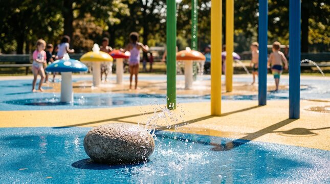 Children playing at a splash pad in a park on a sunny day. Water is spraying from various colorful features, creating a fun and refreshing environment for the kids