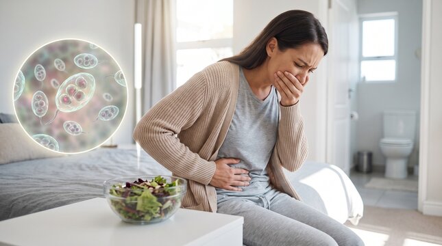 A woman feeling nauseous and holding her stomach, with a magnified image of bacteria in a circle. She is sitting on the edge of a bed with a bowl of salad in front of her
