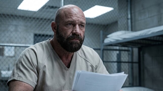 A serious bald man with a beard sitting in a prison cell, holding some papers