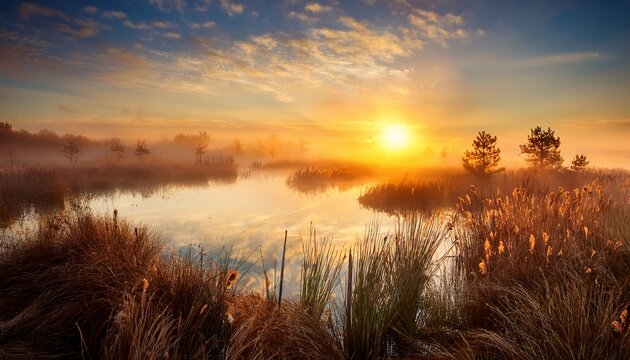 a peaceful fen landscape at sunrise featuring golden reeds reflecting in still marsh water beneath a soft morning mist and bright sky glowing stillness peatland