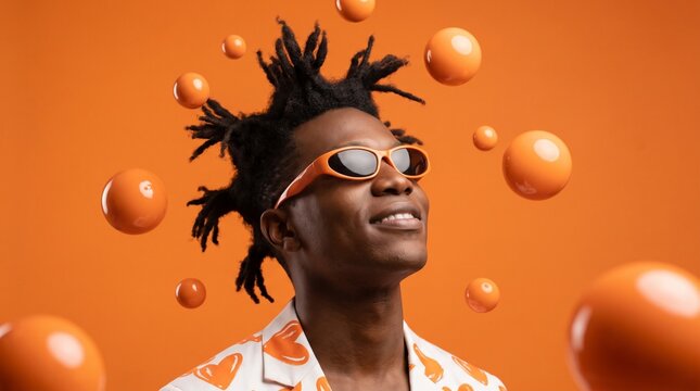 A stylish man with dreadlocks and sunglasses smiles, surrounded by floating orange spheres against an orange background. He wears a shirt with an orange fruit pattern.