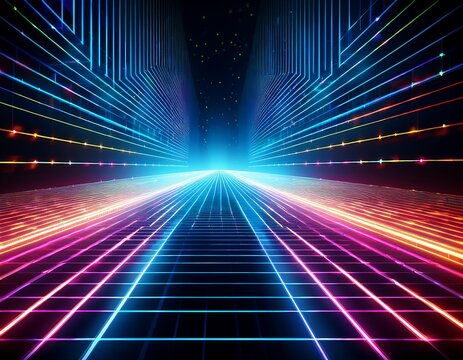 an infinite perspective of a glowing neon holographic grid with geometric patterns and digital light beams extending into a dark void space technology lines neon