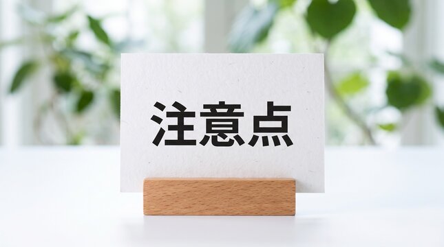 A white card with the Japanese characters 注意点 (Chūiten), meaning points of attention or precautions, placed on a wooden stand. The background features soft-focus greenery and natural light.