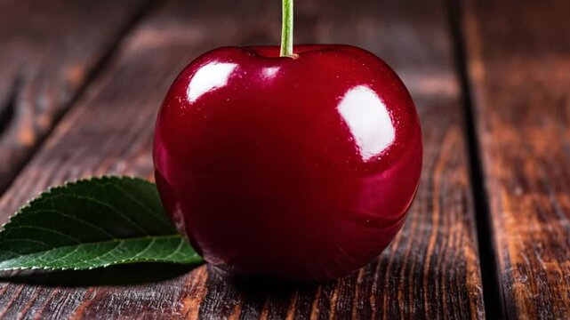 Close-up shot of a ripe, juicy cherry with a green stem and leaf on a wooden surface