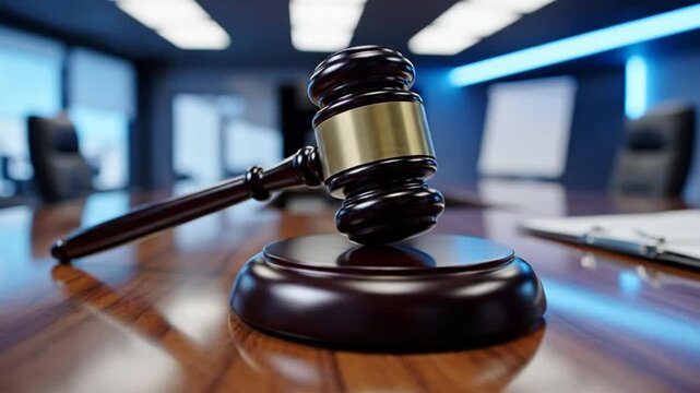 Judicial gavel resting on sound block reflecting on a polished wooden table in a courtroom conference room