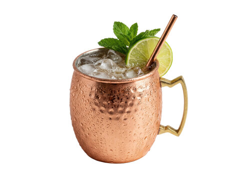 Refreshing moscow mule cocktail in a cold copper mug with ice lime and mint leaves isolated on transparent background