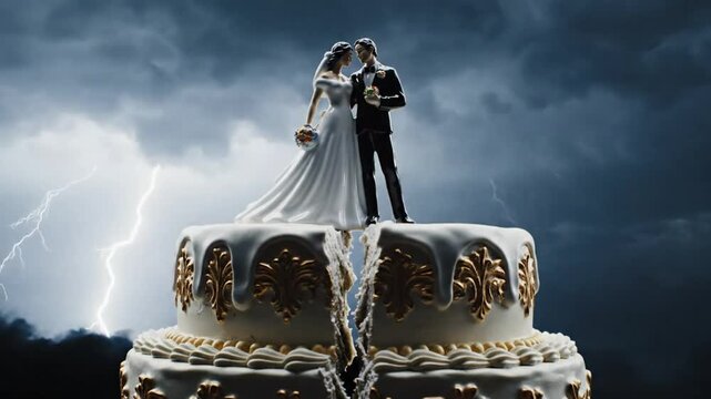 Divorce concept with couple wedding cake topper against a backdrop of stormy lightning and dark ominous clouds signifying broken vows