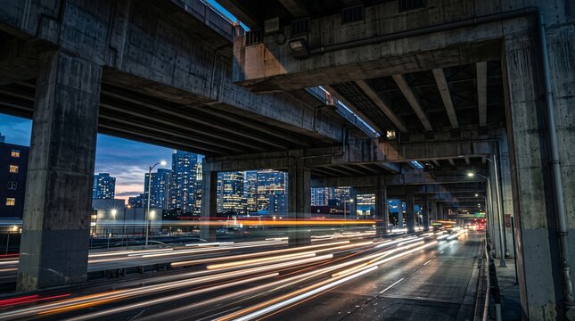 Modern urban highway overpass with long exposure light trails from city traffic at twilight with illuminated skyscrapers in background for architecture and travel concepts