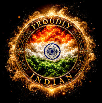Proudly Indian Emblem: A radiant emblem featuring the Indian flag in a circular design, surrounded by fiery flames and sparkling lights, symbolizing national pride and spirit.