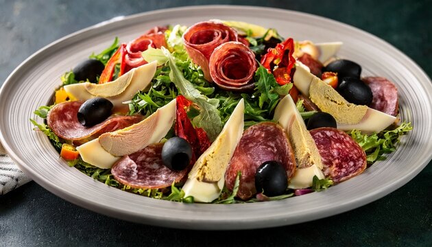 an antipasto salad with salami ham provolone artichokes olives pepperoncini and an italian vinaigrette
