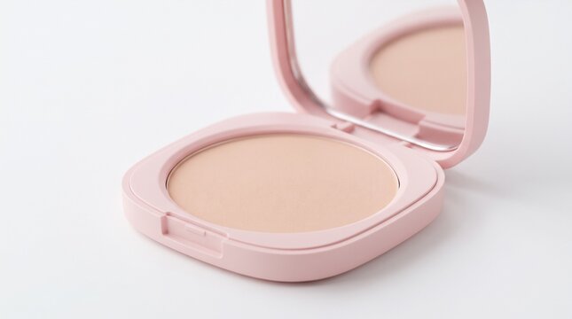 luxury compact powder case in elegant pastel pink matte packaging, open compact revealing smooth pressed nude powder with a flawless finish,white background 