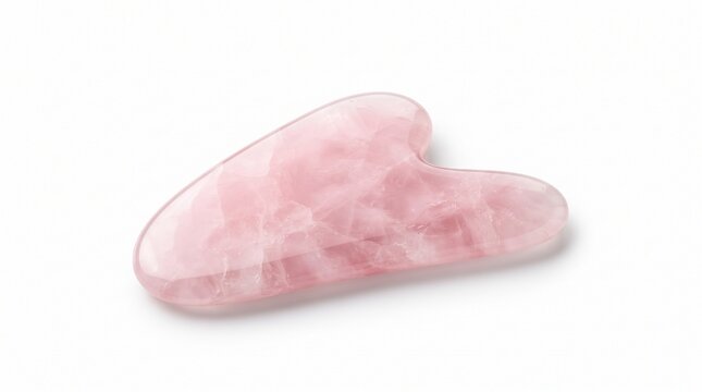 rose quartz gua sha stone with a smooth polished crystal texture, elegant ergonomic shape, luxury facial massage beauty tool,isolated white background 
