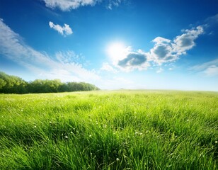 Obraz premium summer sunny background with blue sky and green meadow