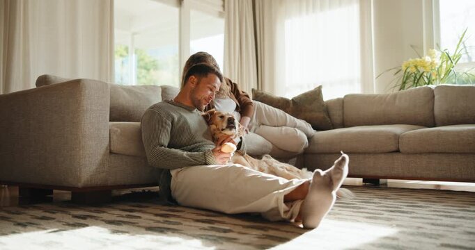 Couple, love and dog with smile on sofa for care, play and happy for bonding or connection in home. Man, woman and support in living room for pet animal, stroke and relax on couch at family house