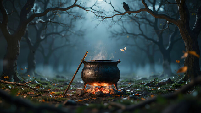 A black iron cauldron sits over a glowing campfire in a dark, misty forest with a wooden stirring stick and a butterfly flying nearby