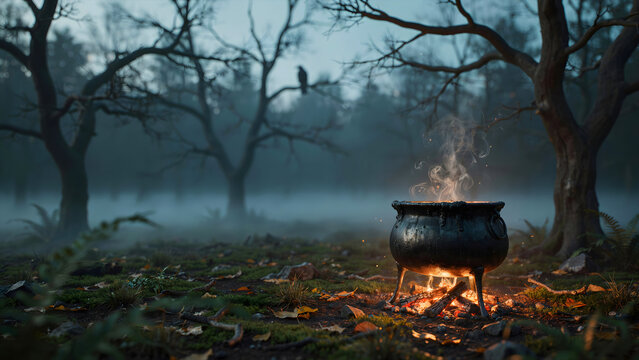 A black iron cauldron sits over a glowing campfire in a dark, misty forest with bare trees and a crow perched on a branch in the background