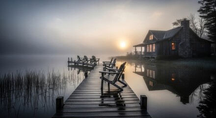 Obraz premium Serene Lakeside Cabin Retreat At Misty Sunrise