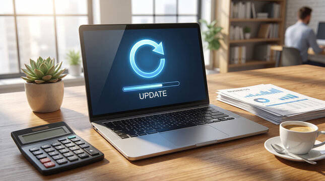 laptop with a software update progress interface