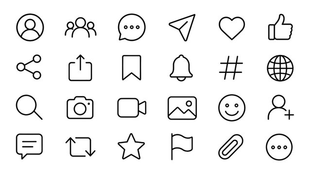 Social Media line icons set in editable vector style. Communication, interaction, sharing, notification, profile, engagement icons collection. Editable stroke. Vector.