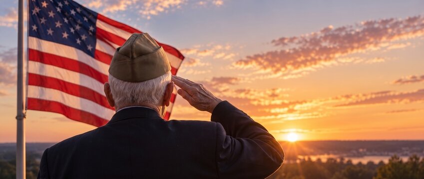 Rear view of an elderly military veteran saluting the American flag at sunset. Patriotic banner concept for Veterans Day and Memorial Day with copy space