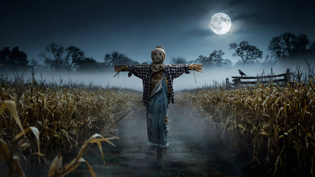 A creepy scarecrow standing in the middle of a foggy cornfield at night under a bright full moon with dark trees in the background landscape