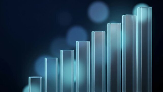 Rising transparent blue glass 3D bar chart with glowing edges on dark background, financial stock market growth and business statistics visualization.