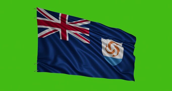 Flying flag of Anguilla against green background during motion