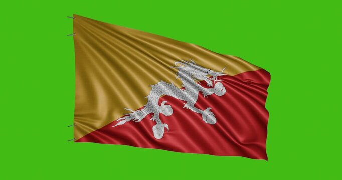 Flag of Bhutan waving in the wind against a green background