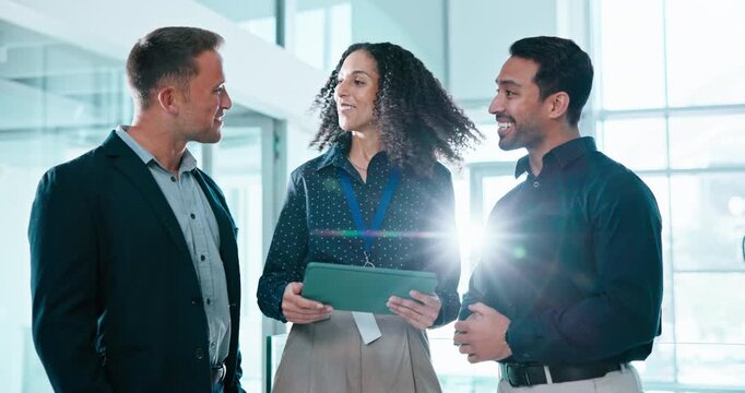 Success, tablet or team in office with high five, portfolio growth or good news on funding pitch. Flare, happy people or finance advisors with tech, budget approval or feedback on investment report.