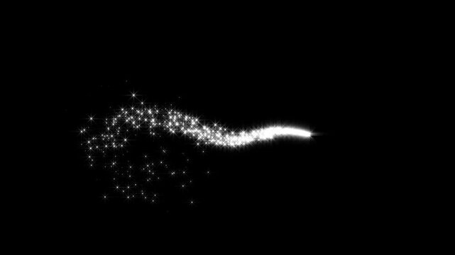 Magical glitter trail line animation, fast glowing star streaks, fairy doodle stars, and a shimmering starlight trail on a black screen background in vibrant 4K.