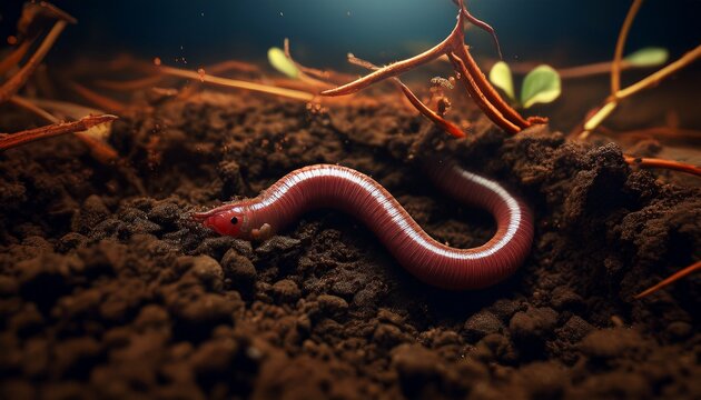 earthworm crawling through dark rich soil with roots and debris dirt