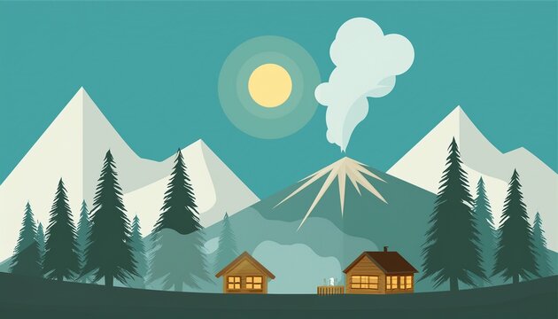 simple a mountain scene with a cozy cabin and smoke rising flar vector