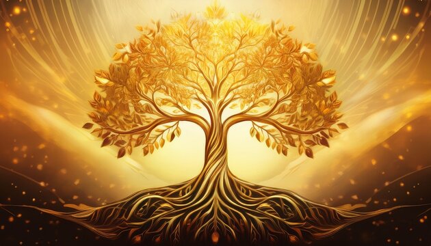 spiritual tree of life design under warm sunlight representing faith prosperity and growth symbolic nature background with golden leaves strong roots and artistic concept of hope eternal energy