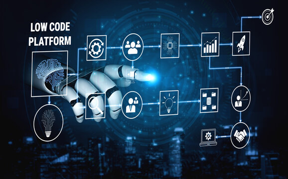 Robotic Hand Demonstrating Low Code Platform with Digital Icons Representing Technology, Innovation, Development, and User Interaction in Futuristic Environment Quark.
