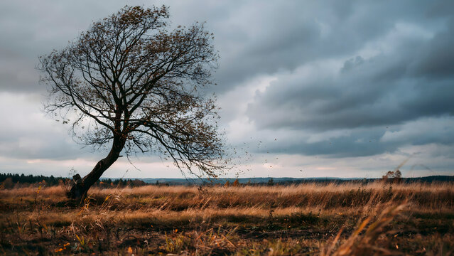 A solitary bare tree stands in a vast, dry grassy field under a dramatic, cloudy, grey sky during a windy autumn day in the countryside