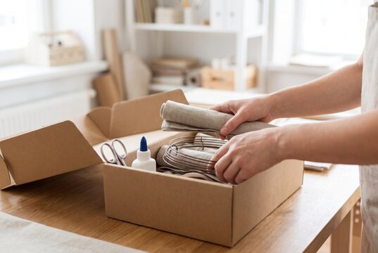 Hands packing wire lampshade frames fabric and glue into a cardboard box for shipping