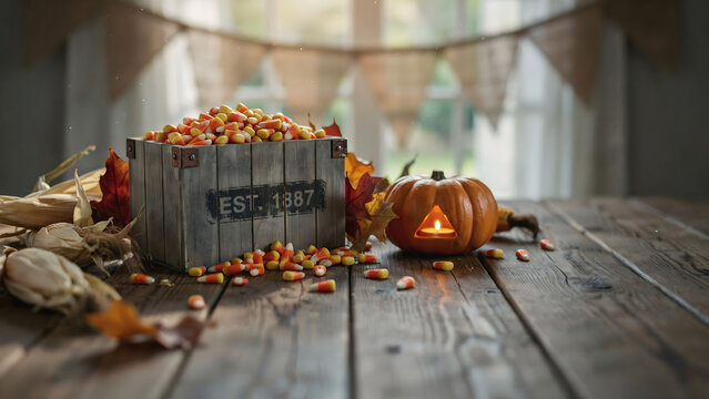A wooden crate filled with colorful candy corn sits on a rustic table next to a small carved pumpkin with a glowing candle inside for autumn