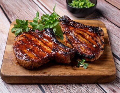 juicy grilled bbq pork chops with caramelized glaze and charred edges garnished with fresh herbs served on a rustic wooden cutting board