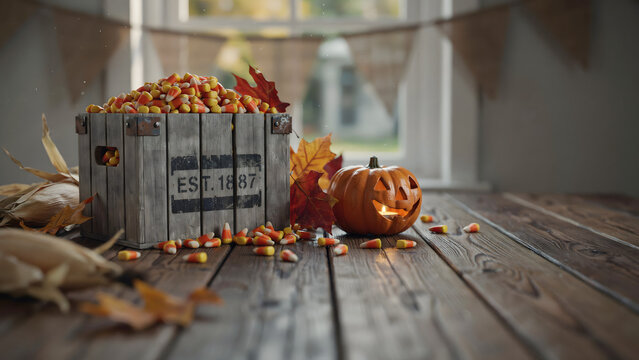 A wooden crate filled with colorful candy corn sits on a rustic table next to a small carved pumpkin with a glowing candle inside for autumn