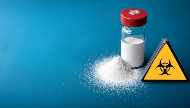 medical vial with white peptide powder and warning sign concept of dangerous medication pharmaceutical safety health risk or illegal substance investigation clinical trial caution concept