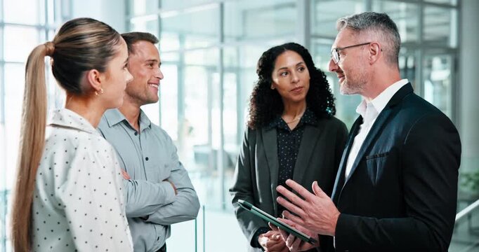 Business, review or team in office with tablet, funding ideas or collaboration in pitch discussion. Digital, people or finance advisors with tech, budget feedback or proposal plan in investment brief