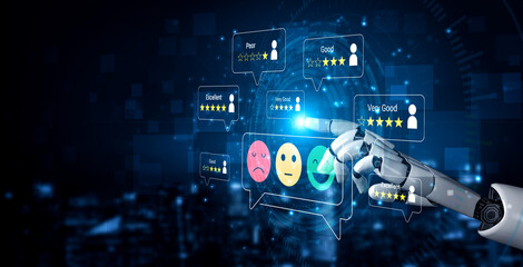 Naklejka premium Futuristic Robot Hand Interacting with Rating System and Emojis on Digital Interface for Customer Feedback and User Experience. Glyphic.