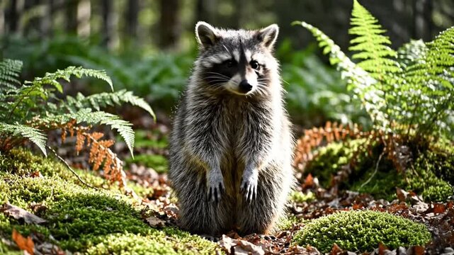 Cute raccoon standing upright, looking around with a curious expression, in a beautiful forest setting