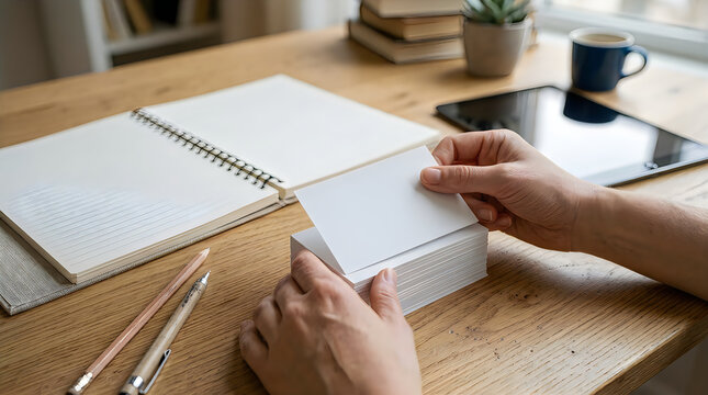 Person writing notes in a notebook at wooden desk