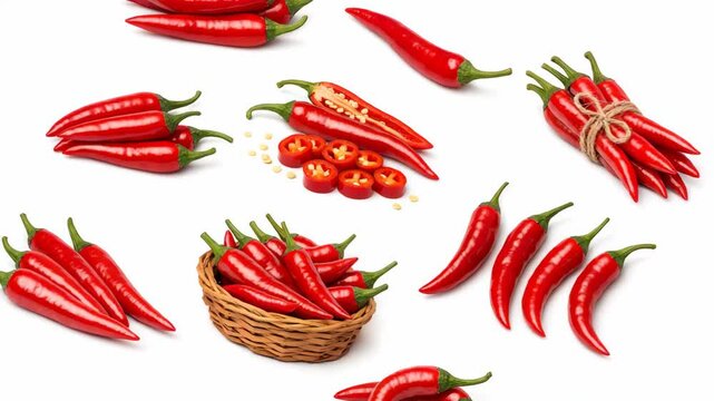 A collection of red peppers in various sizes and types, including whole, sliced, and crushed, all displayed together against a white backdrop.