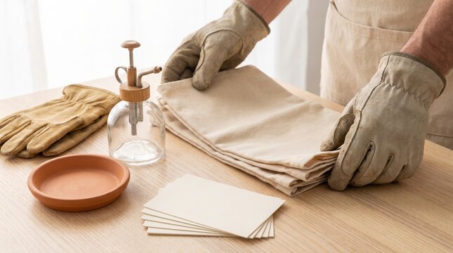 Gloved hands folding canvas cloth on a wooden table with a plant sprayer and empty cards