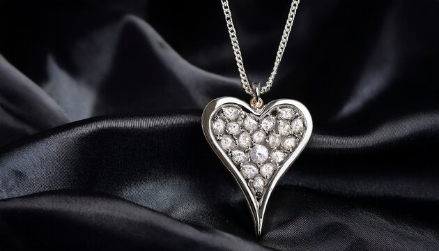 a luxurious diamond heart pendant on a platinum chain glowing against a black velvet background