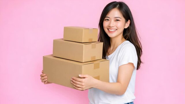 Young asian woman smiling and holding boxes in her arms