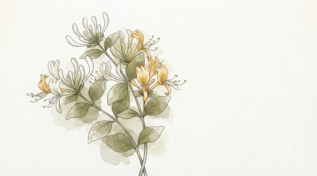Honeysuckle botanical illustration, vintage ink drawing with watercolor wash, medicinal herb on textured paper with copy space