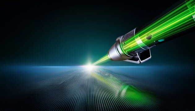 futuristic silver laser pointer with green beam and colorful light display for high tech use